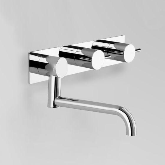 Astra Walker Basin Taps Astra Walker Icon Wall Set on Backplate Offset with 203mm Underslung Swivel Spout