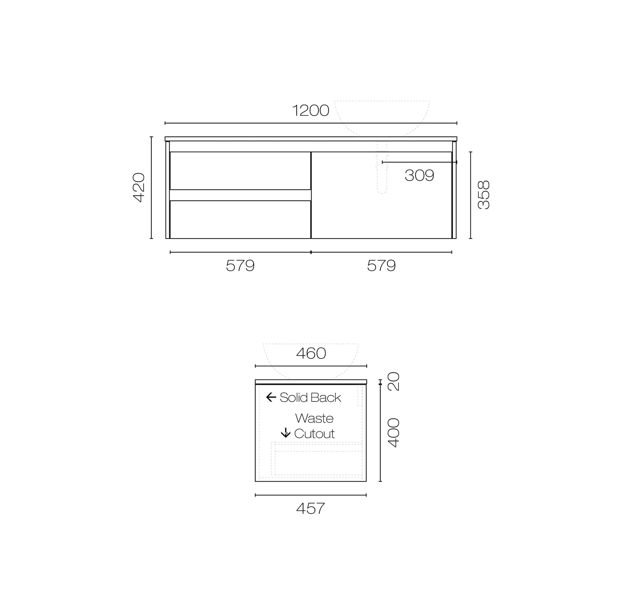 Progetto Vanity Stanza Opaco 1200 3 Drawer Right Vanity