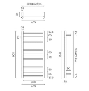 Plumbline Heated Towel Rail Tube 9 Bar Heated Towel Ladder | 900 x 400mm