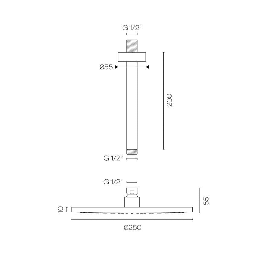 Plumbline Showers Tube Ceiling Mount Rainhead 250mm