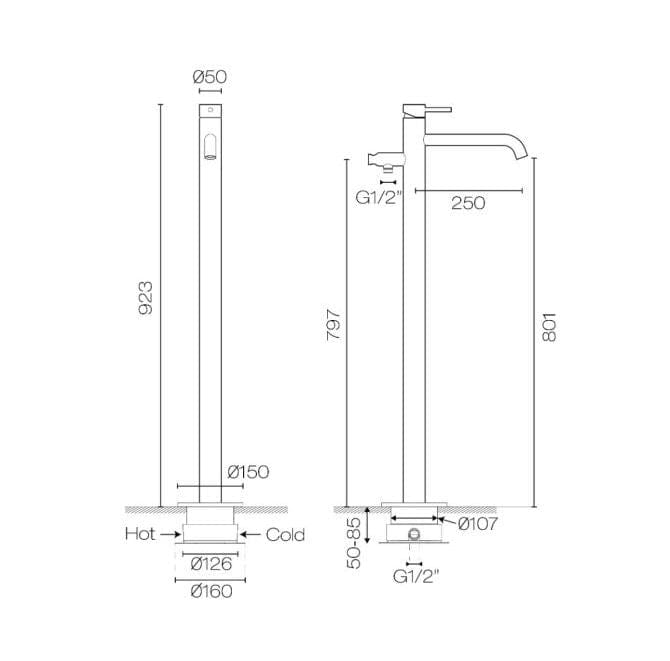 Plumbline Bath Taps Tube Floor Mount Bath Filler with Handshower